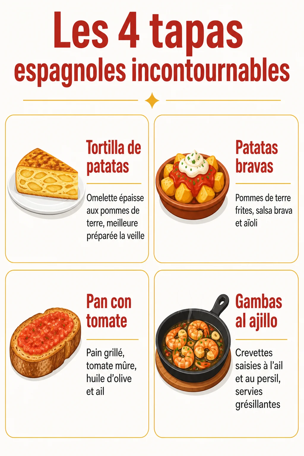Les 4 tapas espagnoles incontournables : Tortilla de patatas, Patatas bravas, Pan con tomate, Gambas al ajillo