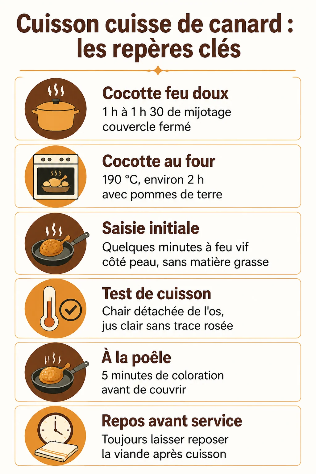 Cuisson cuisse de canard : les repères clés : Cocotte feu doux, Cocotte au four, Saisie initiale, Test de cuisson, À la poêle, Repos avant service