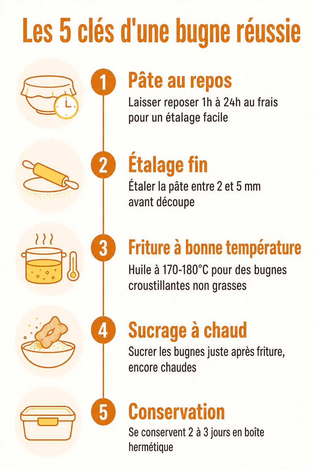 Les 5 clés d'une bugne réussie : 1. Pâte au repos, 2. Étalage fin, 3. Friture à bonne température, 4. Sucrage à chaud, 5. Conservation