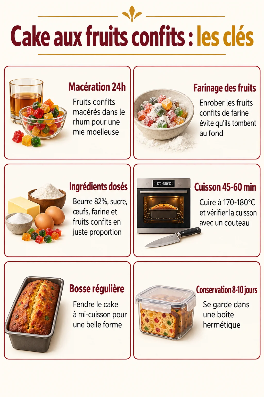 Cake aux fruits confits : les clés : Macération 24h, Farinage des fruits, Ingrédients dosés, Cuisson 45-60 min, Bosse régulière, Conservation 8-10 jours