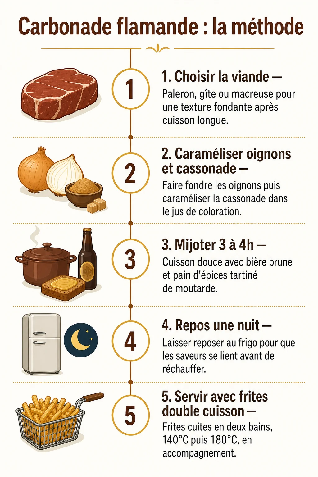 Carbonade flamande : la méthode : 1. Choisir la viande, 2. Caraméliser oignons et cassonade, 3. Mijoter 3 à 4h, 4. Repos une nuit, 5. Servir avec frites double cuisson