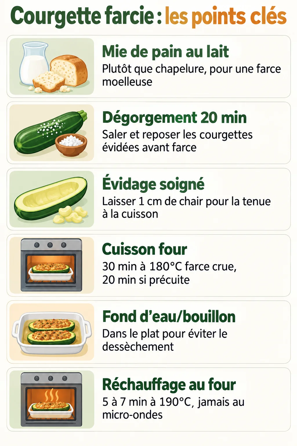 Courgette farcie : les points clés : Mie de pain au lait, Dégorgement 20 min, Évidage soigné, Cuisson four, Fond d'eau/bouillon, Réchauffage au four