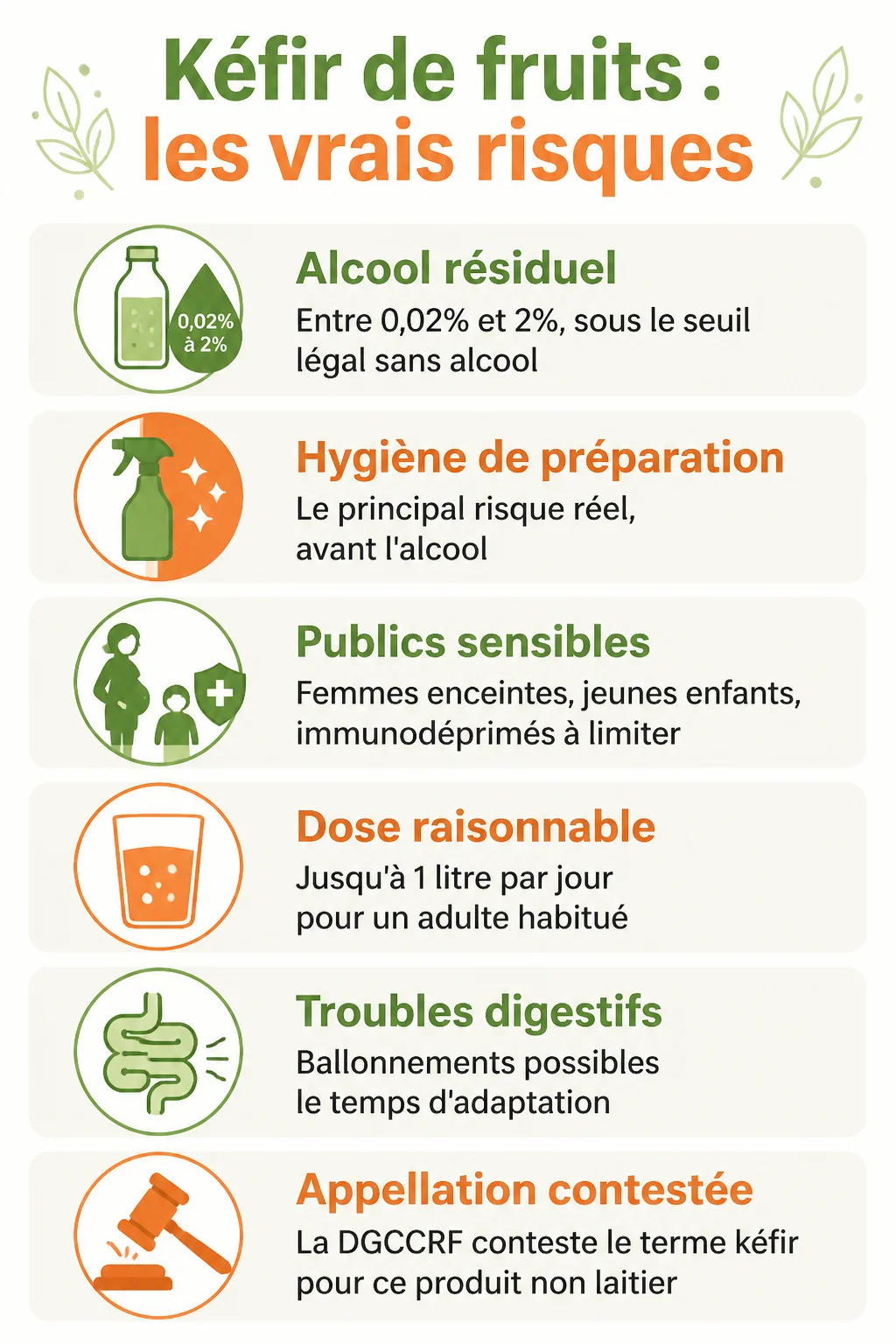 Kéfir de fruits : les vrais risques : Alcool résiduel, Hygiène de préparation, Publics sensibles, Dose raisonnable, Troubles digestifs, Appellation contestée