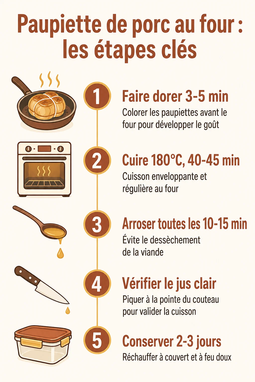 Paupiette de porc au four : les étapes clés : 1. Faire dorer 3-5 min, 2. Cuire 180°C, 40-45 min, 3. Arroser toutes les 10-15 min, 4. Vérifier le jus clair, 5. Conserver 2-3 jours