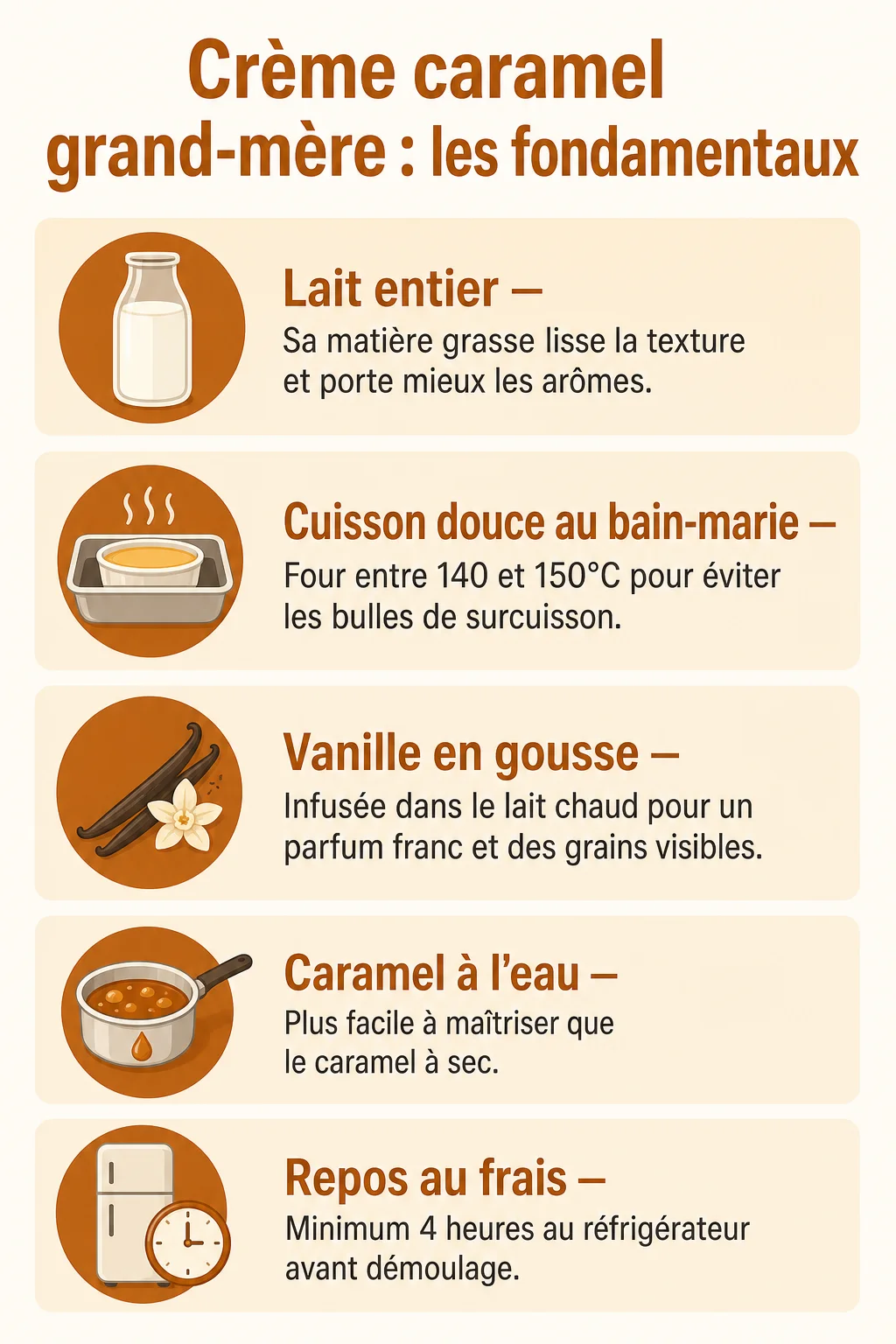 Crème caramel grand-mère : les fondamentaux : Lait entier, Cuisson douce au bain-marie, Vanille en gousse, Caramel à l'eau, Repos au frais