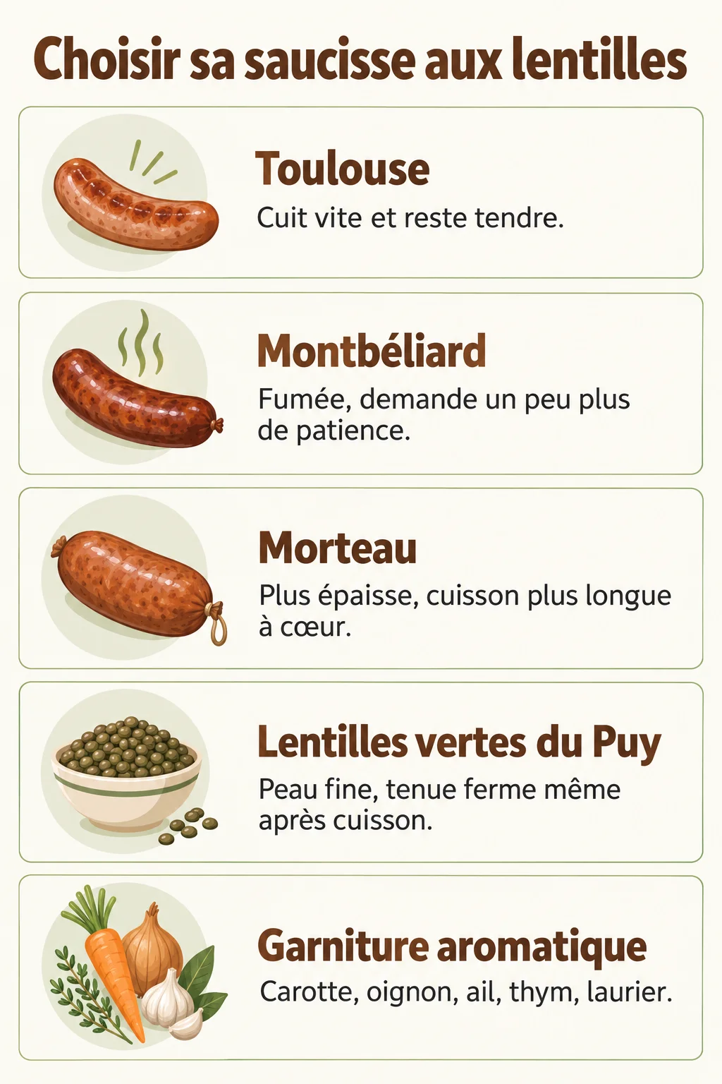 Choisir sa saucisse aux lentilles : Toulouse, Montbéliard, Morteau, Lentilles vertes du Puy, Garniture aromatique