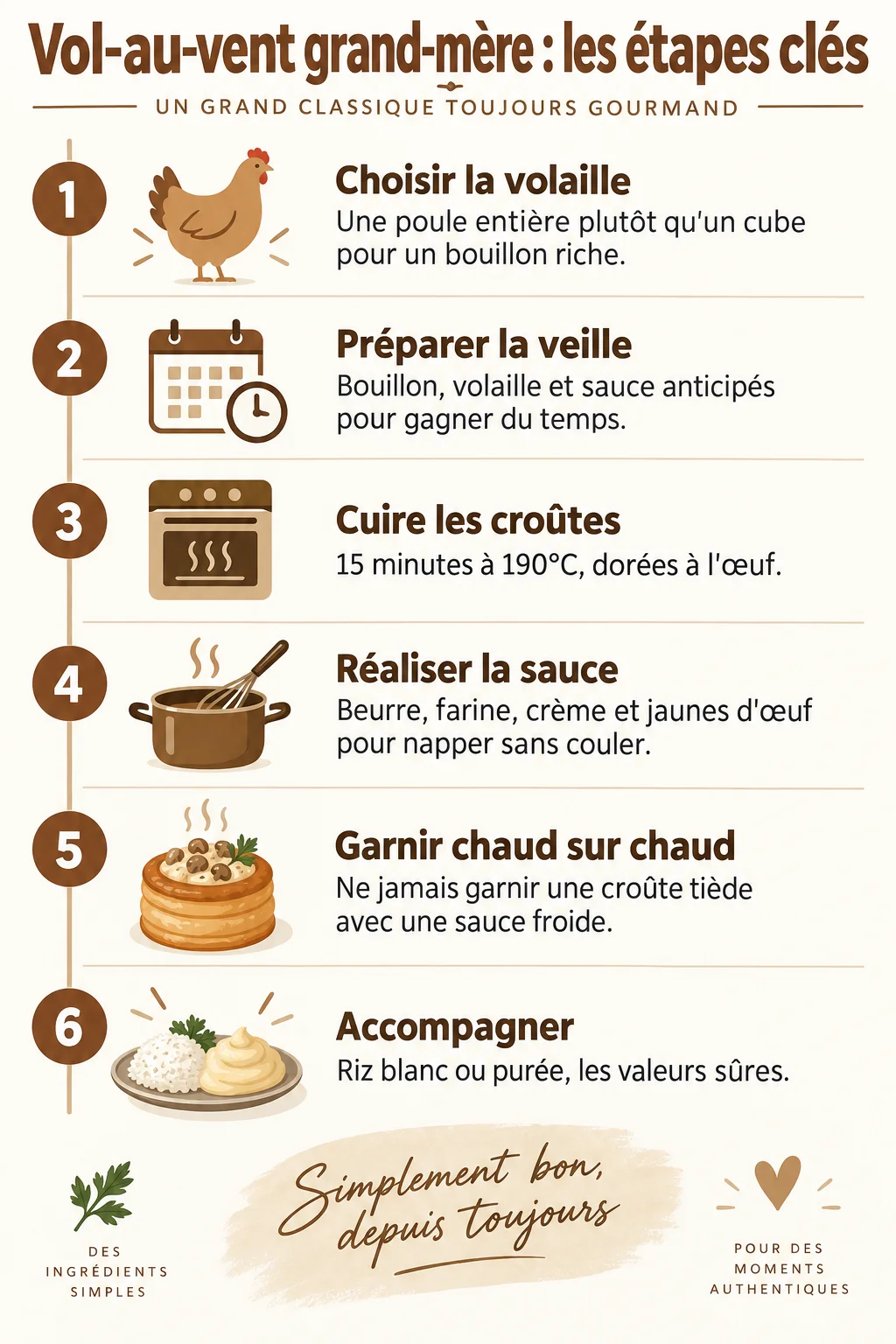 Vol-au-vent grand-mère : les étapes clés : 1. Choisir la volaille, 2. Préparer la veille, 3. Cuire les croûtes, 4. Réaliser la sauce, 5. Garnir chaud sur chaud, 6. Accompagner
