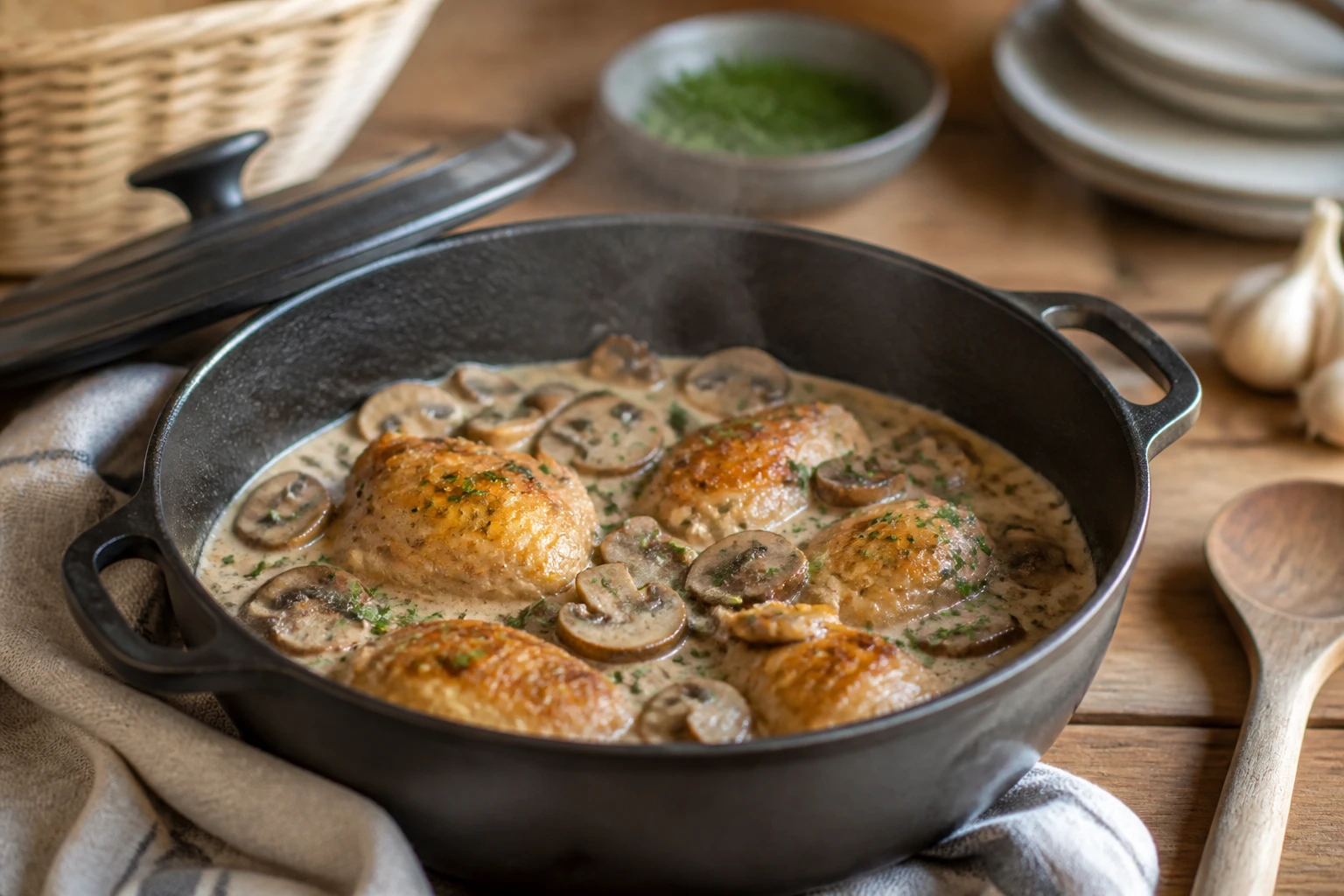 Cocotte en fonte de poulet à la crème façon grand-mère avec champignons et sauce onctueuse